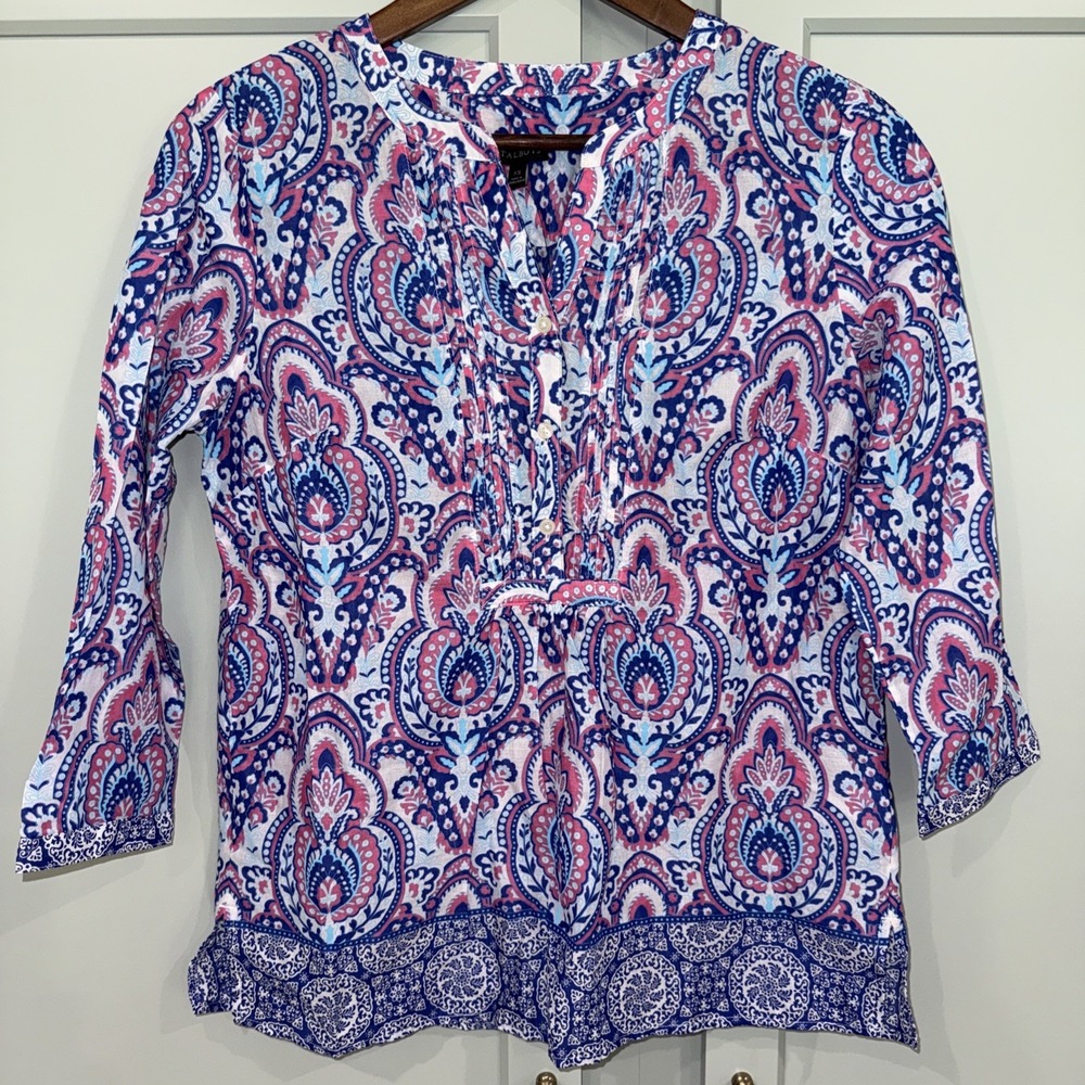 Talbots Womens XS Rainbow Paisley Cotton Button Popover Shirt 3/4 Sleeve Pink